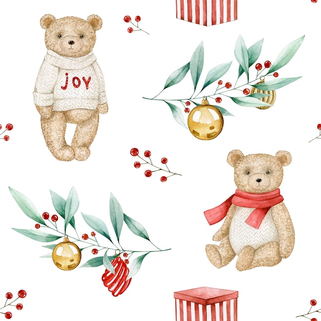 Watercolor seamless pattern with christmas gold balls, bears, berries, branches. Isolated on white.