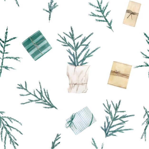 Watercolor seamless pattern with Christmas Tree in scandinavian style.