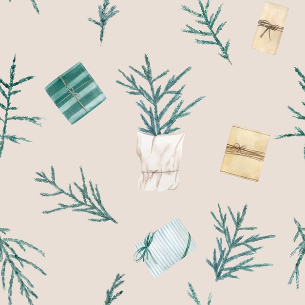 Watercolor seamless pattern with Christmas Tree in scandinavian style.