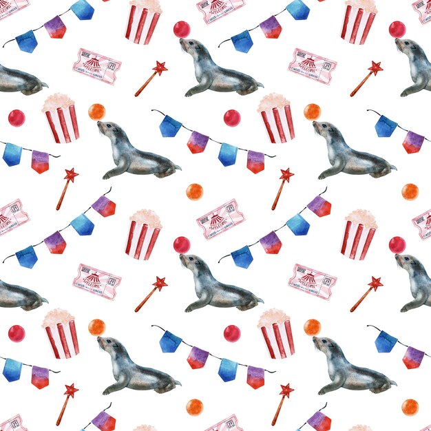 Watercolor seamless pattern with circus elements