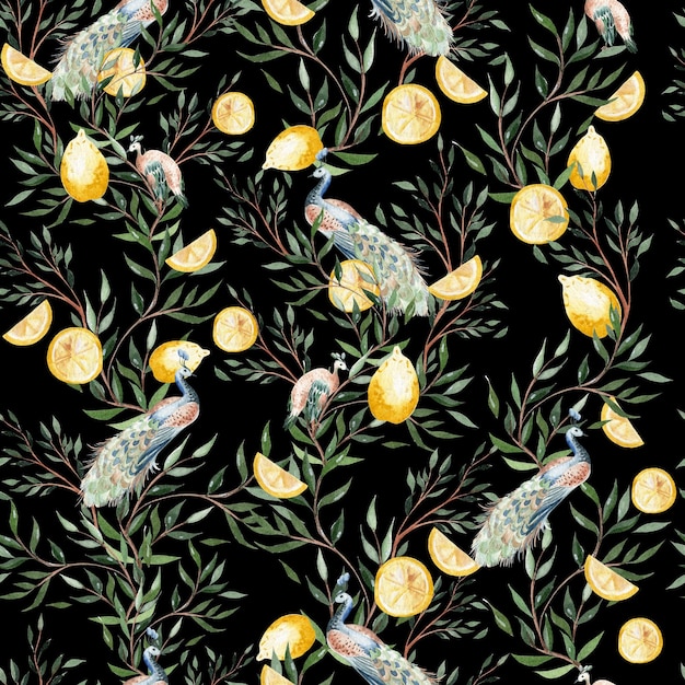 Watercolor seamless pattern with citrus and leaves bird beacoc