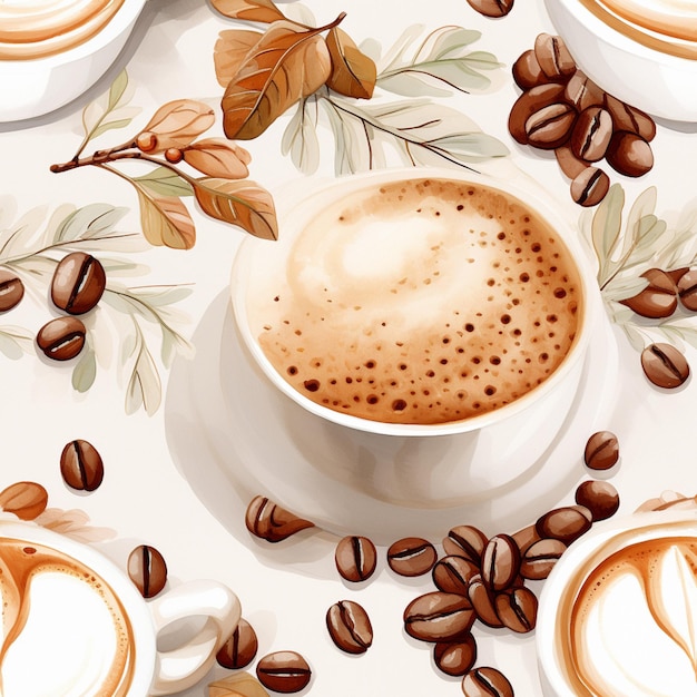 Photo watercolor seamless pattern with coffee cups