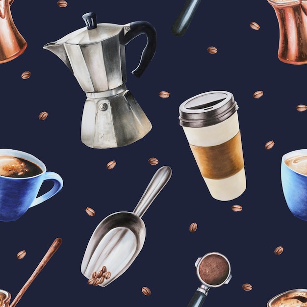 Watercolor seamless pattern with coffee making tools Latte espresso americano Hand painting on isol