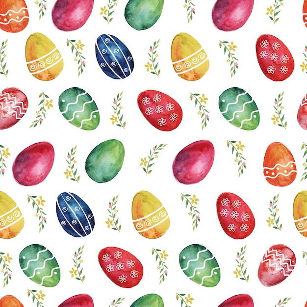 Watercolor seamless pattern with colored Easter eggs and spring plants.