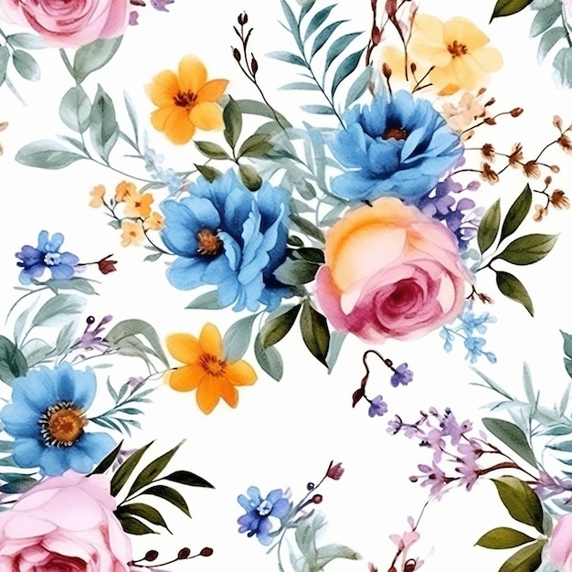 Watercolor seamless pattern with colorful flowers on a white background