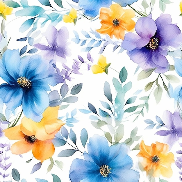 Watercolor seamless pattern with colorful flowers on a white background