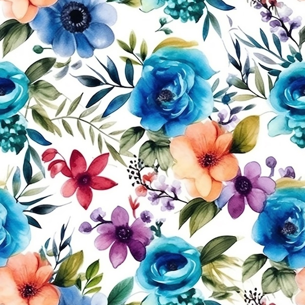 Watercolor seamless pattern with colorful flowers on a white background