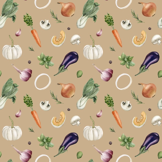 Watercolor seamless pattern with colorful vegetables on beige background For design fabric wrapping