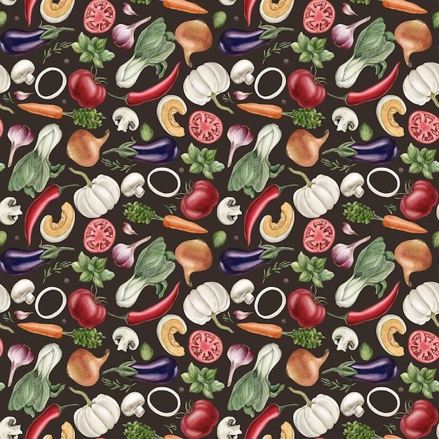 Watercolor seamless pattern with colorful vegetables on dark background For fabric textile wrapping