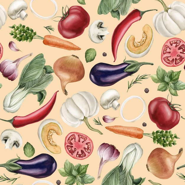 Watercolor seamless pattern with colorful vegetables on light pink background For fabric wrapping