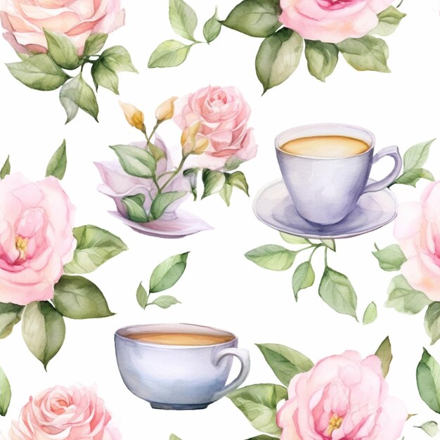 Watercolor seamless pattern with a cup of coffee and roses.