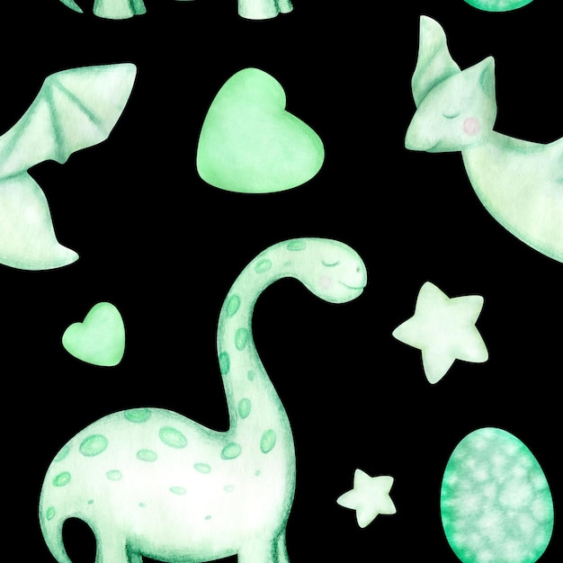 Watercolor Seamless Pattern With Cute Dinosaurs