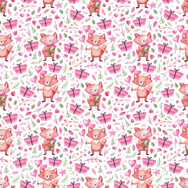 Watercolor seamless pattern with cute festive foxes, gifts, leaves, flowers and balloons. Background for holidays, children, birthday and baby shower