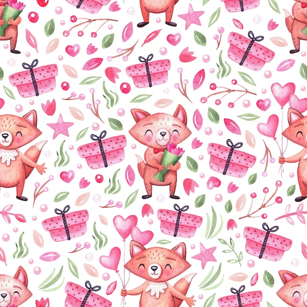 Watercolor seamless pattern with cute festive foxes, gifts, leaves, flowers and balloons. Background for holidays, children, birthday and baby shower