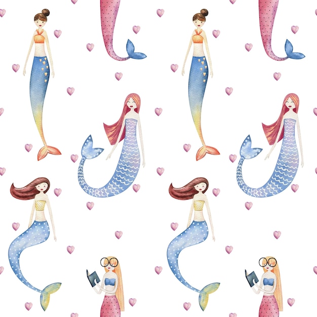 Photo watercolor seamless pattern with cute mermaids and hearts