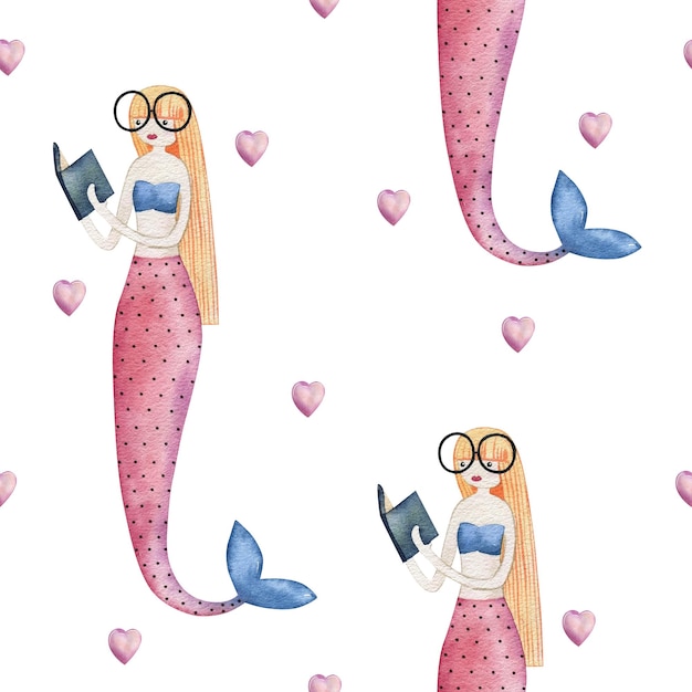 Watercolor seamless pattern with cute mermaids and hearts