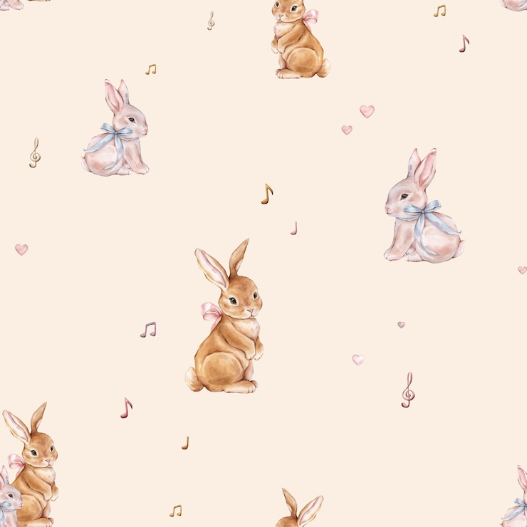 Photo watercolor seamless pattern with cute white rose bunny with bow and musical notes repeat pattern