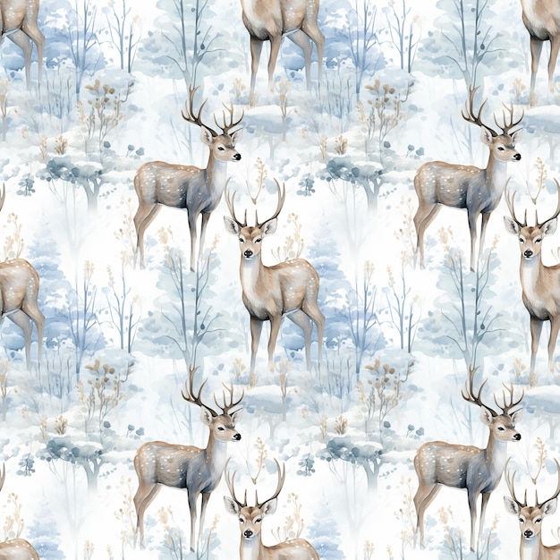 Photo watercolor seamless pattern with deer in winter snowy forest generated ai