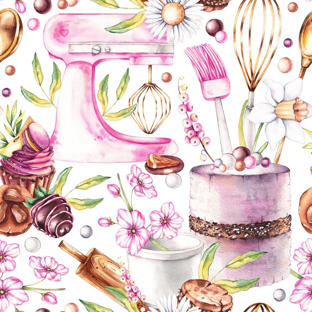 Photo watercolor seamless pattern with desserts baking tools flowers