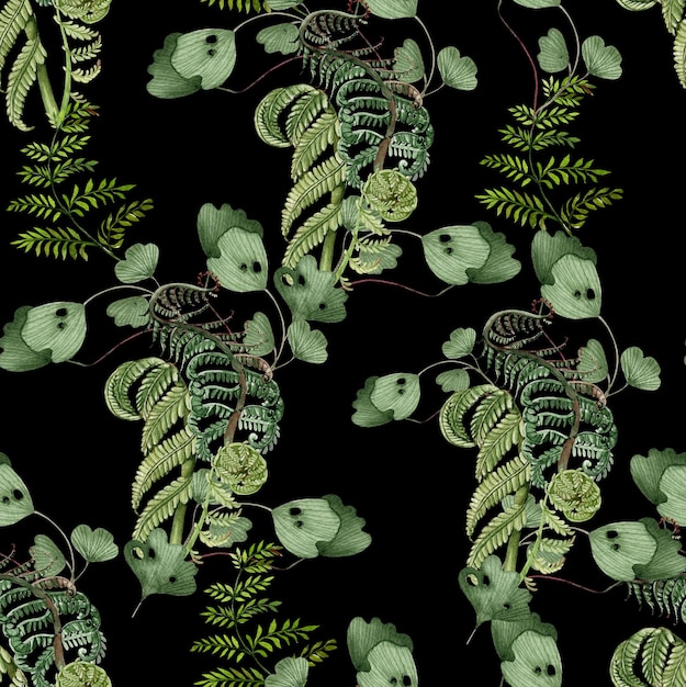 Watercolor Seamless pattern with different  ferns.  Illustration