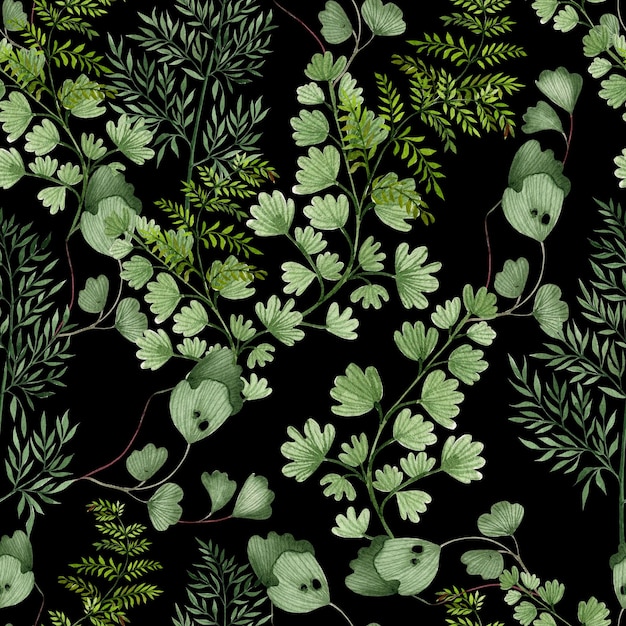 Watercolor Seamless pattern with different  ferns.  Illustration