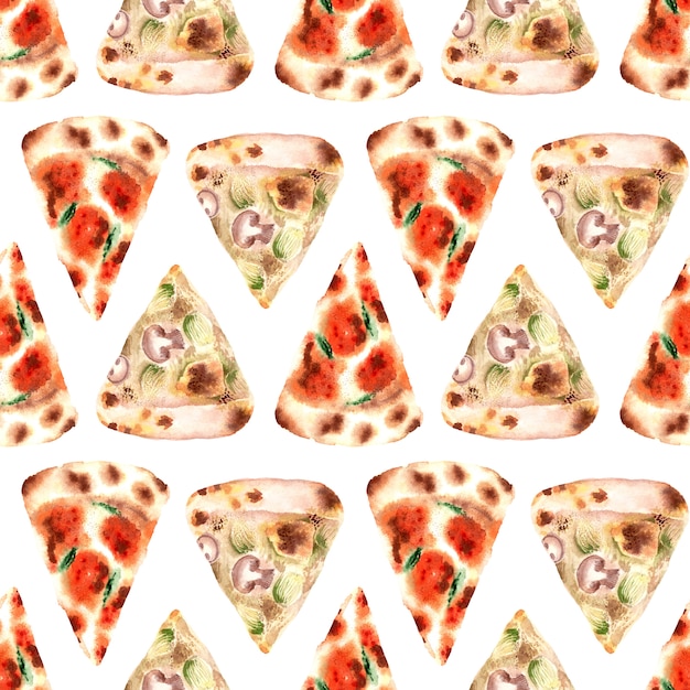 Photo watercolor seamless pattern with different types of fresh pizza