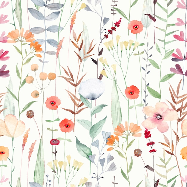 Watercolor seamless pattern with different wild flowers. Cute background for fabric, textile, nursery wallpaper. Meadow with flowers.