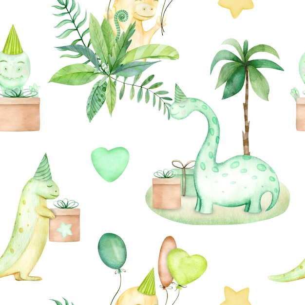 Watercolor seamless pattern with a dinosaur and a gift.