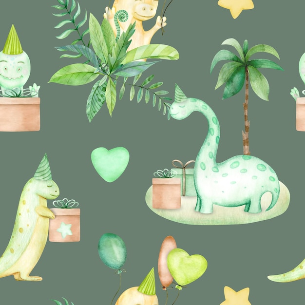Watercolor Seamless Pattern With Dinosaurs On Birthday Party