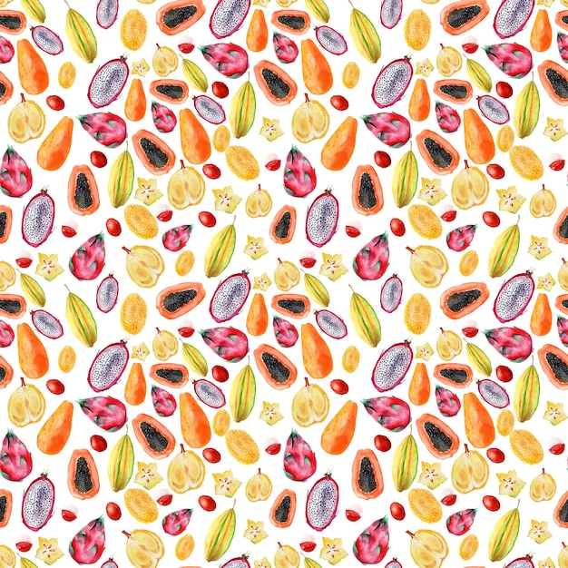 Photo watercolor seamless pattern with exotic fruits