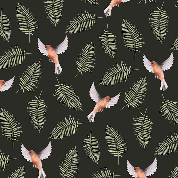검정색 배경에 양치류와 새가 있는 수채화 원활한 패턴