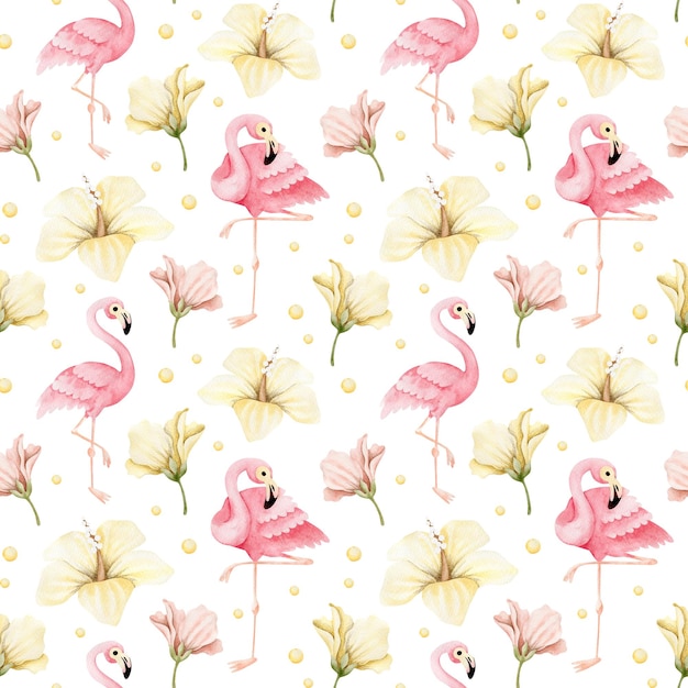 Watercolor seamless pattern with flamingos and tropical flowers.