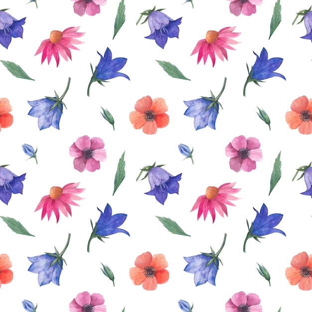 Watercolor seamless pattern with floral wildflowers bluebell buds anemones cosmea flower echinacea for textile or wallpapers illustration in provence style