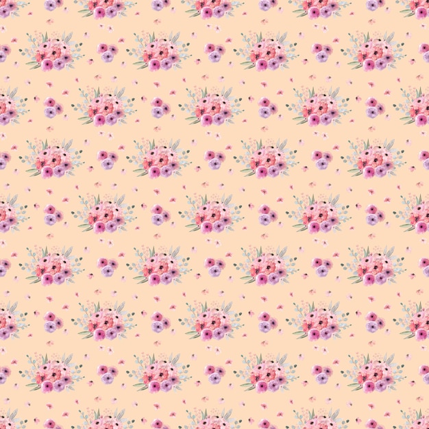 Watercolor seamless pattern with flowers, buds and twigs with leaves