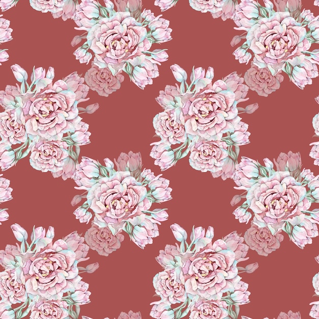 Watercolor seamless pattern with flowers Hand drawn illustration Peonytulips