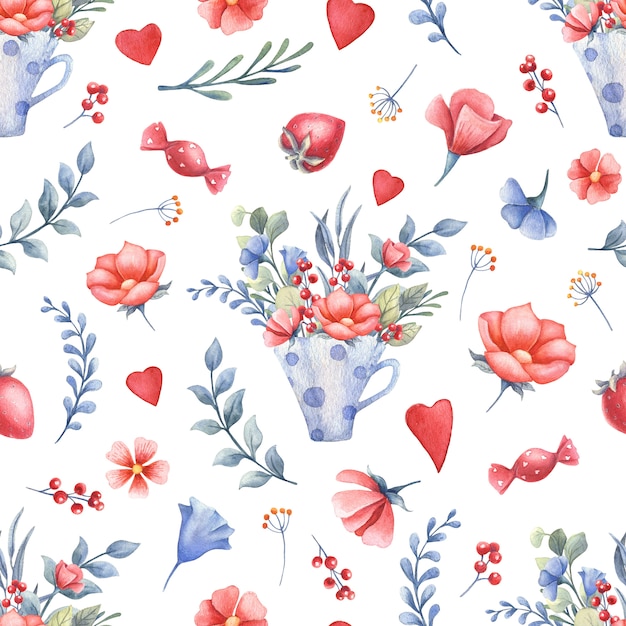 Photo watercolor seamless pattern with flowers, hearts, cups, sweets. valentine's day concept.