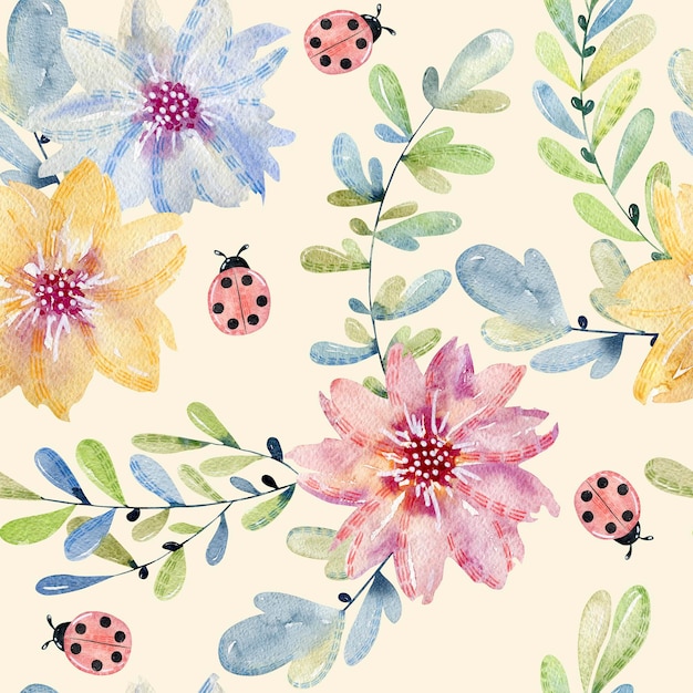 Watercolor seamless pattern with flowers and ladybug