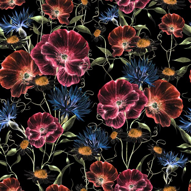 Watercolor seamless pattern with flowers of poppy and cornflower leaves