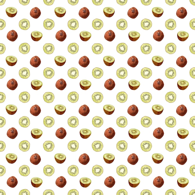 Watercolor seamless pattern with flowers ripe fruits branches and leaves of a kiwi tree