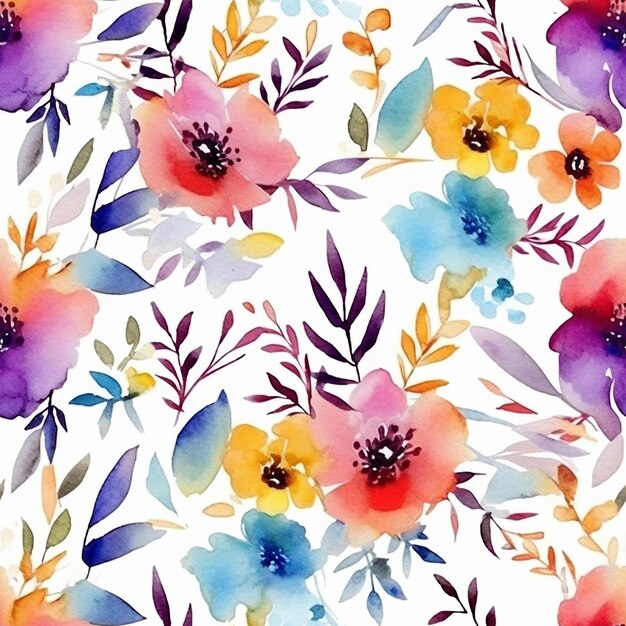 Watercolor seamless pattern with flowers on a white background