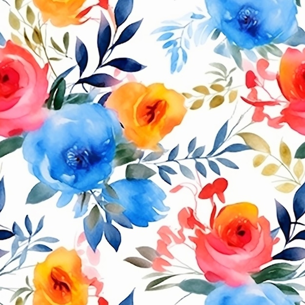 Watercolor seamless pattern with flowers on a white background