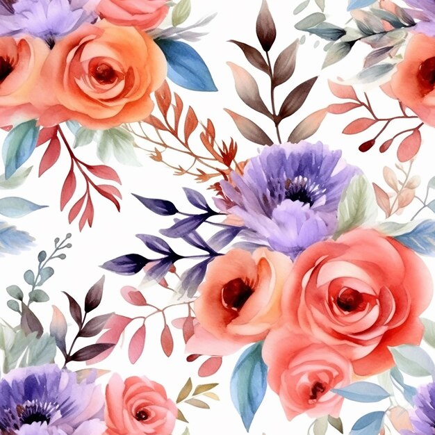 Watercolor seamless pattern with flowers on a white background