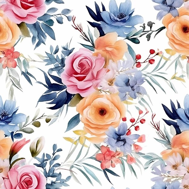 Watercolor seamless pattern with flowers on a white background