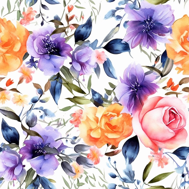 Watercolor seamless pattern with flowers on a white background