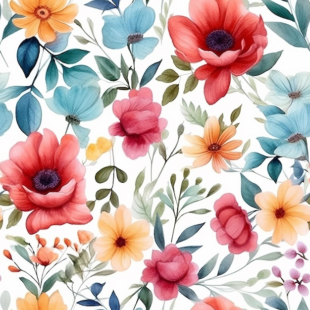 Watercolor seamless pattern with flowers on a white background