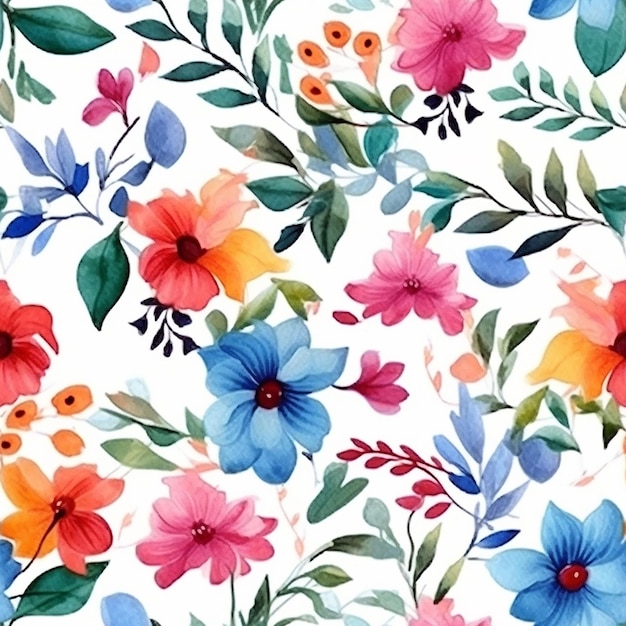 Watercolor seamless pattern with flowers on a white background