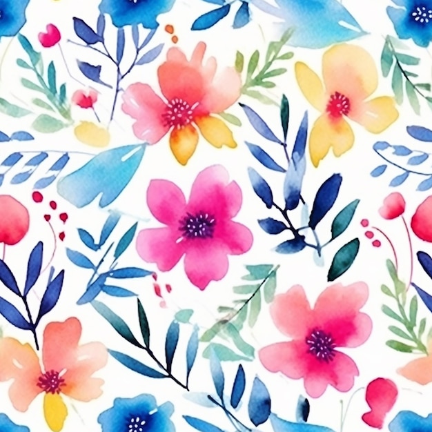 Watercolor seamless pattern with flowers on a white background