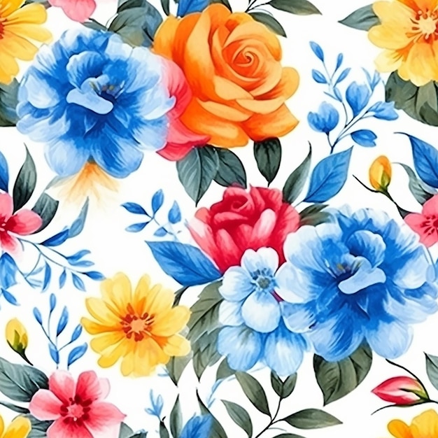 Watercolor seamless pattern with flowers on a white background