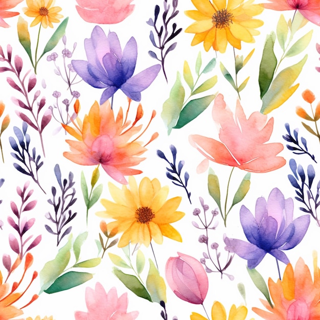 Watercolor seamless pattern with flowers on a white background.