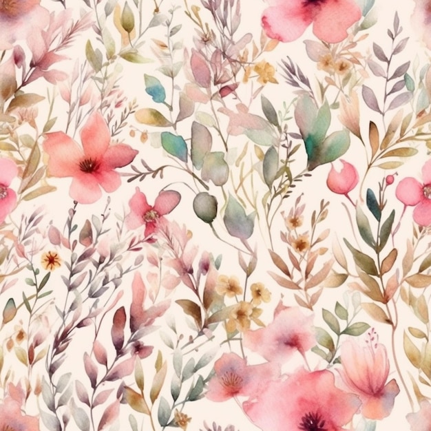 Watercolor seamless pattern with flowers on a white background.